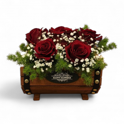 Ahşap Fıçıda Kırmızı Güller